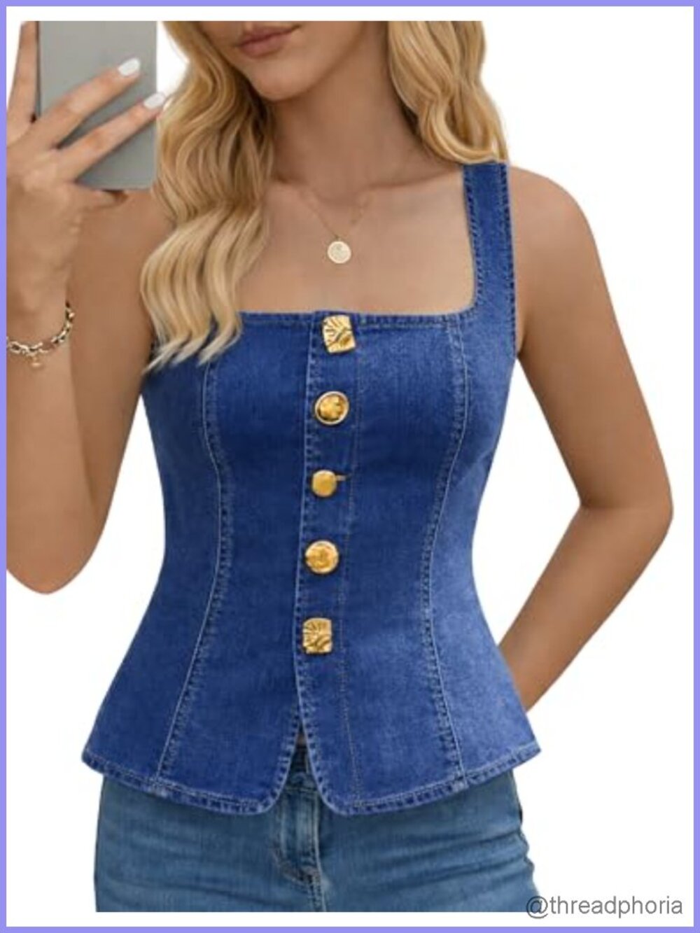 Sleeveless Denim Vest Top Women's Stretch Square Neck Jean Vest with Hidden